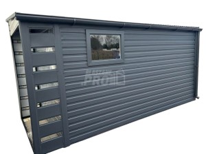 Domek Ogrodowy - Schowek  2x4 + wiata - Drzwi - okno - rynny - Antracyt - Dach spad w lewo  GP353