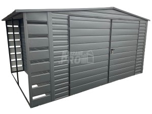 Domek Ogrodowy 4x3  + wiata - antracyt  Brama dwuskrzydłowa - Dach dwuspadowy GP238