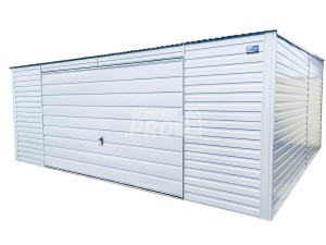 Garaż blaszany 5x5  biały brama uchylna   Dach spad w przód  GP117