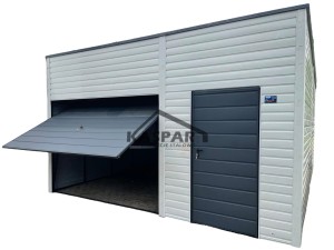 Garaż blaszany 5x6 Brama uchylna + drzwi biały spad w tył  GP120