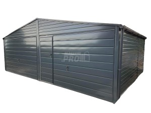Garaż blaszany 6x5 2x Brama uchylna + drzwi - rynny -  Antracyt Dach spad w tył GP242