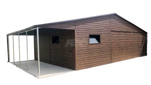 Garaż blaszany 9x6 + wiata 3x6 2x Brama + drzwi + 2x okno drewnopodobny Dach dwuspadowy GP135