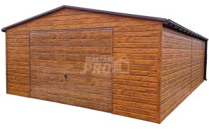 Garaż blaszany 6x6m - Brama uchylna - drzwi - 2x okno - jasny orzech - drewnopodobny - rynny - dach dwuspadowy GP447