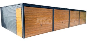 Rząd garaży - Garaż blaszany 12x6m - 4x brama uchylna - drzwi - antracyt - jasny orzech - drewnopodobny - dach spad w przód  GP482