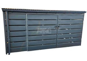 Wiata śmietnikowa - Schowek 4x2m - Brama dwuskrzydłowa - Zabudowany panelami  Antracyt - rynny  GP491