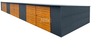 Rząd garaży - Garaż blaszany - 18x5m - 3x brama dwuskrzydłowa - drzwi - jasny orzech - drewnopodobny - antracyt - dach spad w tył GP525