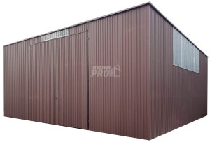 Hala blaszana - Magazyn 9x8m - Brama dwuskrzydłowa - ciemny brąz - dach spad w tył GP587