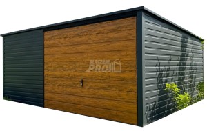 Garaż Blaszany 5x4 Brama uchylna - Antracyt + jasny orzech - drewnopodobny - dach Spad w tył  GP590