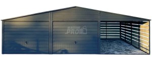 Garaż blaszany 6x6m - wiata 3m - 2x Brama - drzwi Antracyt Dach dwuspadowy GP597
