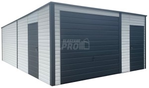 Garaż blaszany 5x6m - brama  uchylna - 2x drzwi antracyt - biały - dach spad w tył  GP679