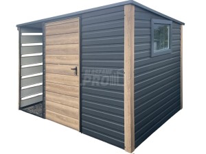Schowek - domek ogrodowy 2x2m - wiata 1m - drzwi - okno - winchester - drewnopodobny - antracyt - dach spad w tył  GP690