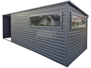 Schowek - domek ogrodowy 4,5x2,5m - wiata 2x2,5m - drzwi - 2x okno - dach spad w tył - rynna GP724