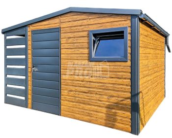 Schowek - domek ogrodowy 3x2,5m - wiata 1m - drzwi - okno - jasny orzech - drewnopodobny - antracyt - rynny - dach dwuspadowy GP427