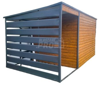Schowek - Domek Ogrodowy 3x2m + Wiata 1,5m - drzwi - Jasny orzech - Antracyt - Drewnopodobny - Dach spad w tył  GP367