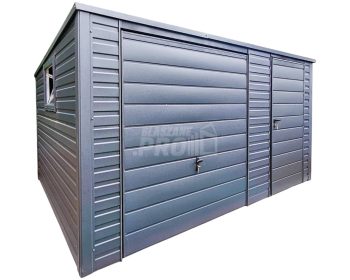 Garaż blaszany 4,5x4m - Brama uchylna - drzwi - 2x okno - antracyt - dach spad w tył GP420