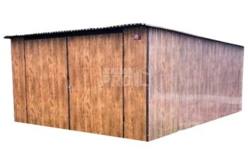Garaż blaszany 4x6 Brama dwuskrzydłowa Drewnopodobny Dach spad w tył GP110