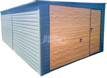 Garaż Blaszany 4x6m Brama Uchylna - Drzwi - Jasny Orzech - Antracyt -Drewnopodobny - Dach Spad w lewo GP406