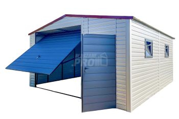 Garaż Blaszany 5x6m Brama Uchylna - Drzwi - 2x Okno - Srebrny - Wiśnia - Antracyt - Dach Dwuspadowy GP416