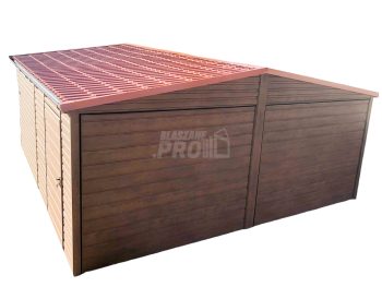 Garaż blaszany 6x6 2x Brama + drzwi drewnopodobny Dach dwuspadowy GP111