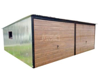 Garaż blaszany 6x5 2x Brama uchylna + drzwi + okno ocynk spad w tył GP141
