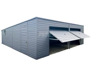 Garaż blaszany 8x8  Brama uchylna x2 + okno + drzwi antracyt spad w tył GP160