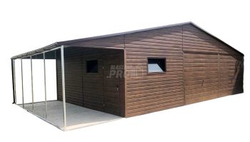 Garaż blaszany 9x6 + wiata 3x6 2x Brama + drzwi + 2x okno drewnopodobny Dach dwuspadowy GP135
