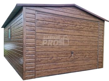 Garaż blaszany 4x6m - Brama uchylna - drzwi - okno - ciemny orzech - drewnopodobny - dach dwuspadowy GP446