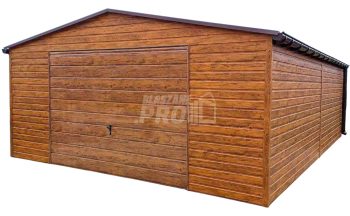 Garaż blaszany 6x6m - Brama uchylna - drzwi - 2x okno - jasny orzech - drewnopodobny - rynny - dach dwuspadowy GP447