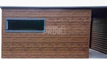Schowek - domek ogrodowy 4,5x2,5m + wiata 1,8m - drzwi - 2x okno - Ciemny orzech - drewnopodobny - antracyt - rynny - dach spad w tył GP450