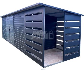 Schowek - domek ogrodowy 6x2m + wiata 1,5m - Brama dwuskrzydłowa - antracyt - dach spad w tył GP452