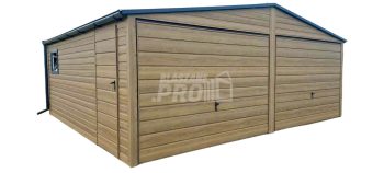 Garaż blaszany 6x5,8m - 2x brama uchylna - drzwi - okno - winchester - drewnopodobny - rynny - dach dwuspadowy GP454