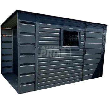Schowek - domek ogrodowy 2,5x2,5m + wiata 0,5m - drzwi - okno - antracyt - dach spad w tył GP457