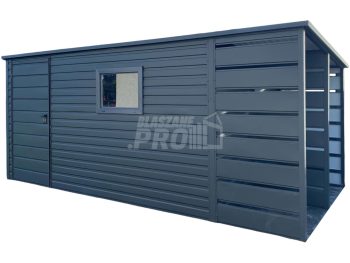 Schowek - Domek ogrodowy 3,8x2,5m + wiata 1,2m - drzwi - okno - Antracyt - dach spad w tył GP459