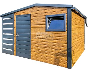 Schowek - domek ogrodowy 3x3,5m + wiata 1m - drzwi - okno - jasny orzech - drewnopodobny - antracyt - rynny - dach dwuspadowy GP484