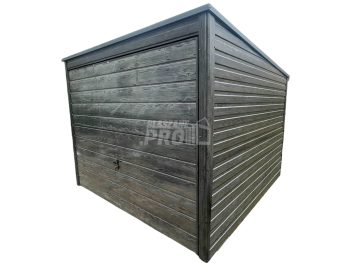 Schowek - Garaż blaszany 3x3,5m - Brama uchylna - drzwi - okno - Sosna norweska - antracyt - rynny - Dach spad w tył GP486