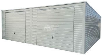 Garaż blaszany 8x7m - 2x brama uchylna - biały - rynny - dach spad w tył GP524