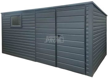 Schowek - Domek ogrodowy 4x2m - Brama dwuskrzydłowa - okno - antracyt - dach spad w tył GP528