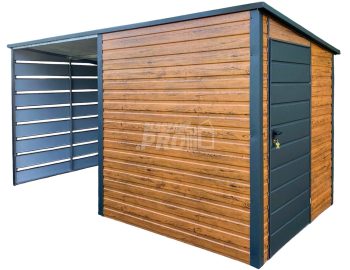 Schowek - Domek Ogrodowy 2x2m + wiata 2m - Drzwi - jasny orzech - dach spad w tył GP547
