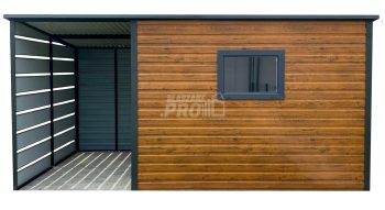 Schowek - Domek Ogrodowy 3x2m + wiata 1,5m - Drzwi - okno - jasny orzech - dach spad w tył GP548