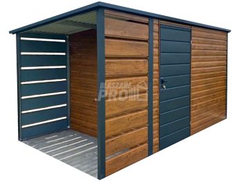 Schowek - Domek Ogrodowy 3x2m + wiata 1m - Drzwi - jasny orzech - dach spad w tył GP549
