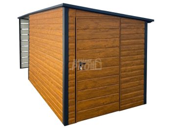 Schowek - Domek Ogrodowy 3x2m + wiata 3m - Drzwi - jasny orzech - dach spad w tył GP552