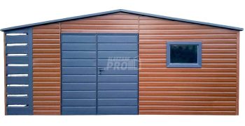 Schowek - Domek Ogrodowy 5,5x3m + wiata 0,5m - Brama - okno - złoty dąb - dach dwuspadowy GP555