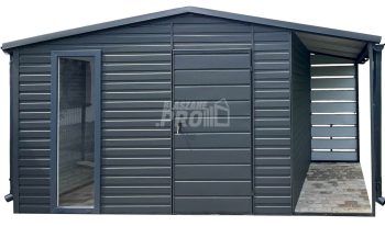 Schowek - Domek Ogrodowy 4x2,5m + Wiata 1x2,5m -  Okno - Drzwi - Antracyt  - dach Dwuspadowy  - rynny GP568