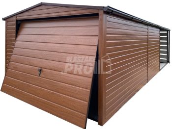 Garaż blaszany 3,5x4,5 + wiata 3,5x2m - Brama - okno - jasny orzech - drewnopodobny Dach dwuspadowy - rynny GP572