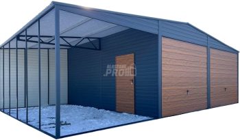 Garaż blaszany 6x6m + wiata 3m - 2x brama uchylna - antracyt - ciemny orzech - dach dwuspadowy GP586