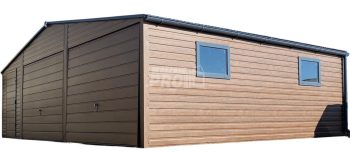 Garaż blaszany 8x6m - 2x Brama - drzwi - 2x okno - ciemny orzech - drewnopodobny - Dach dwuspadowy GP599