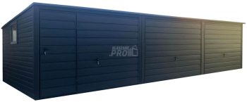 Garaż blaszany 9x5,5m - 3x brama uchylna - drzwi - okno - antracyt - dach spad w tył GP600