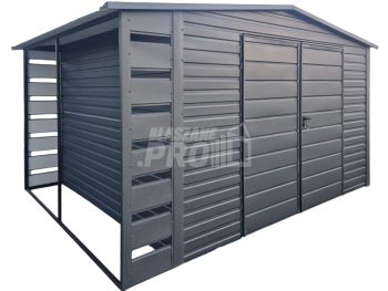 Schowek - domek ogrodowy  4x3,5 + wiata 0,5m - Brama Antracyt Dach dwuspadowy GP602