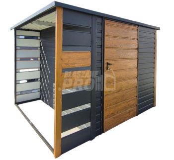Schowek - Domek Ogrodowy 2x2m + wiata 0,6m - drzwi - okno - jasny orzech - antracyt - dach spad w tył GP606
