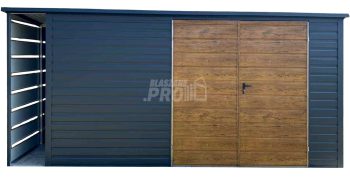 Schowek - Domek Ogrodowy 4,5x2m + wiata 0,5m - Brama - jasny orzech - antracyt - dach spad w tył GP609